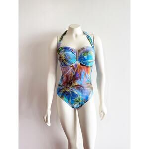 Di Paula Brazil One Piece Swim Suit Palm Print Blue